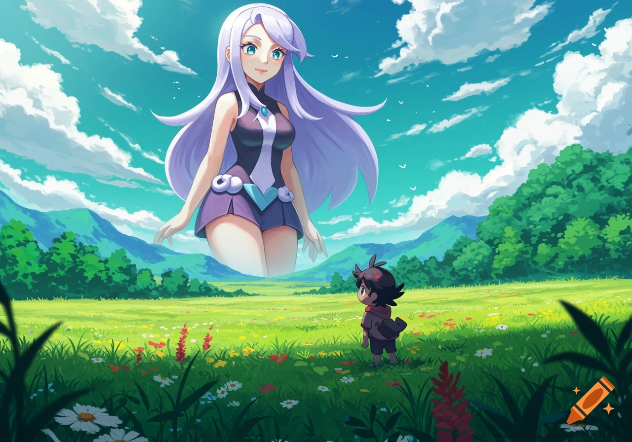 Giant anime girl Chloe Ceries with purple hair towers over tiny Goh in a vibrant green field with flowers under a blue sky.