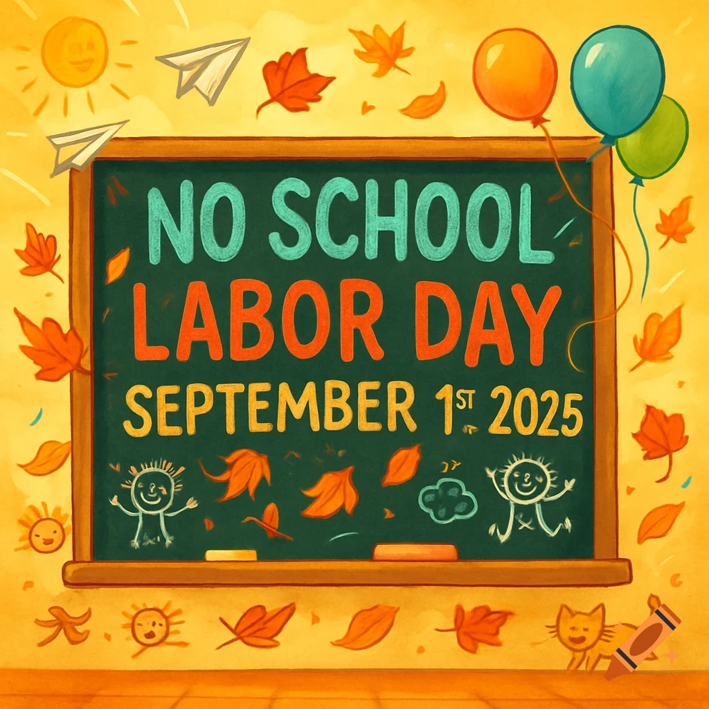 Cartoon blackboard announcing 'NO SCHOOL LABOR DAY SEPTEMBER 1ST 2025' surrounded by autumn leaves, balloons, and paper airplanes.