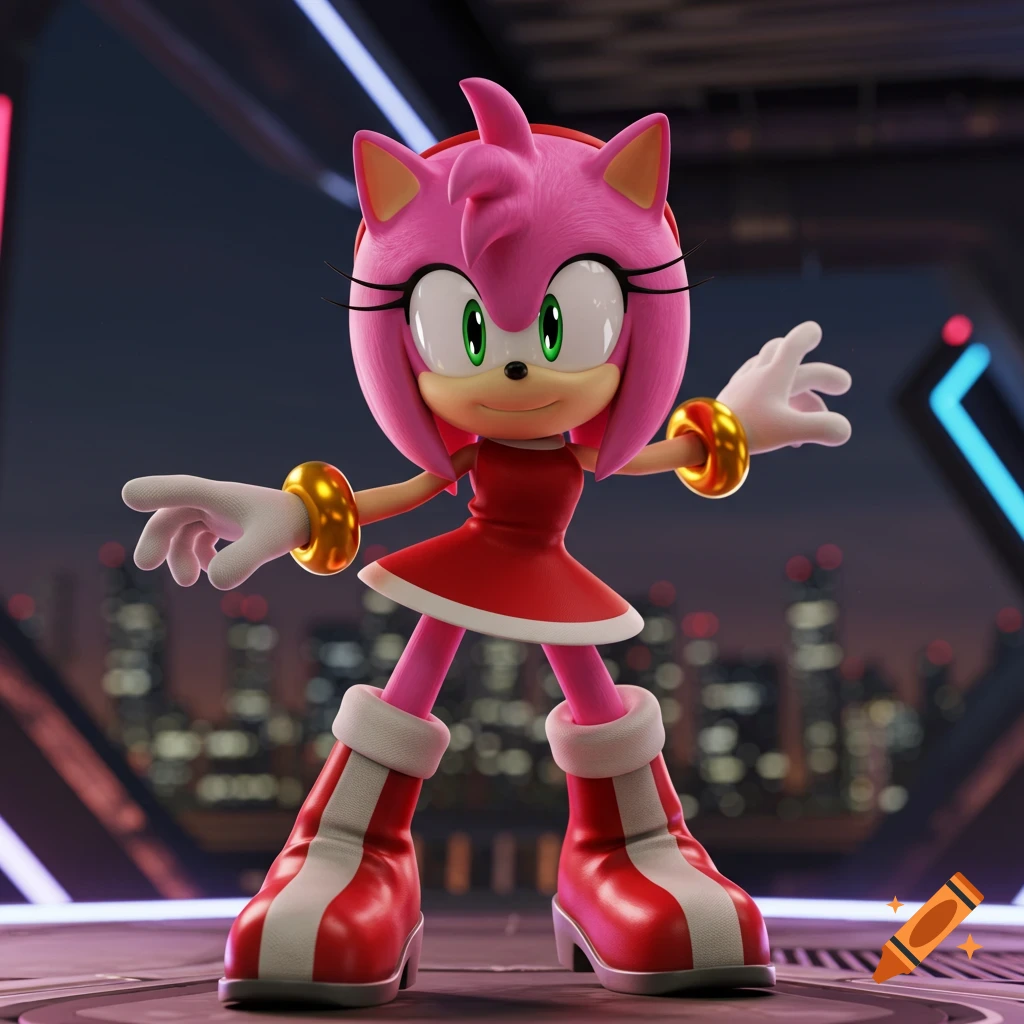 A 3D render of the pink hedgehog character Amy Rose from Sonic, standing and looking forward, with a cityscape in the background.