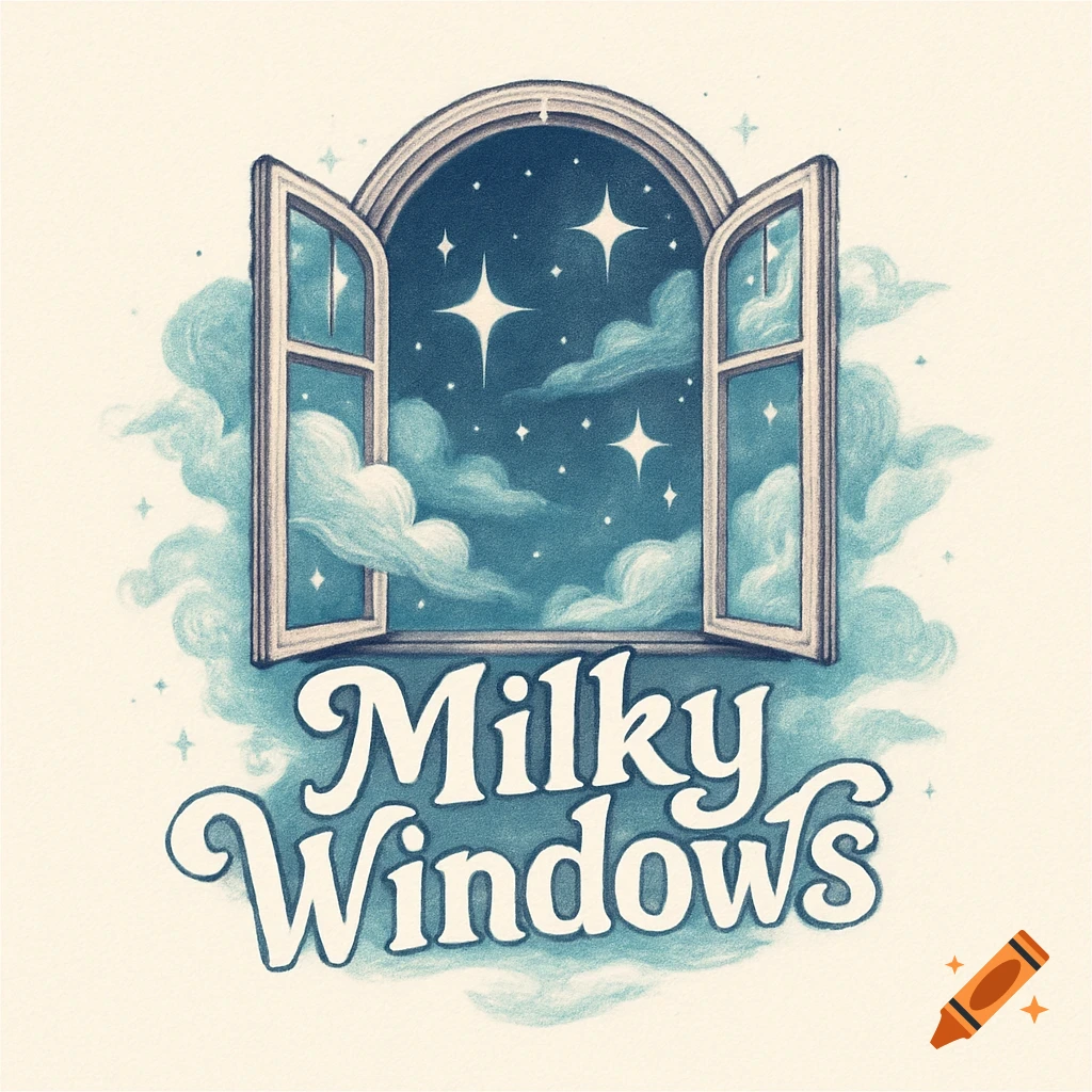An illustrative logo featuring an open arched window looking out to a starry night sky with clouds, above the text 'Milky Windows'.