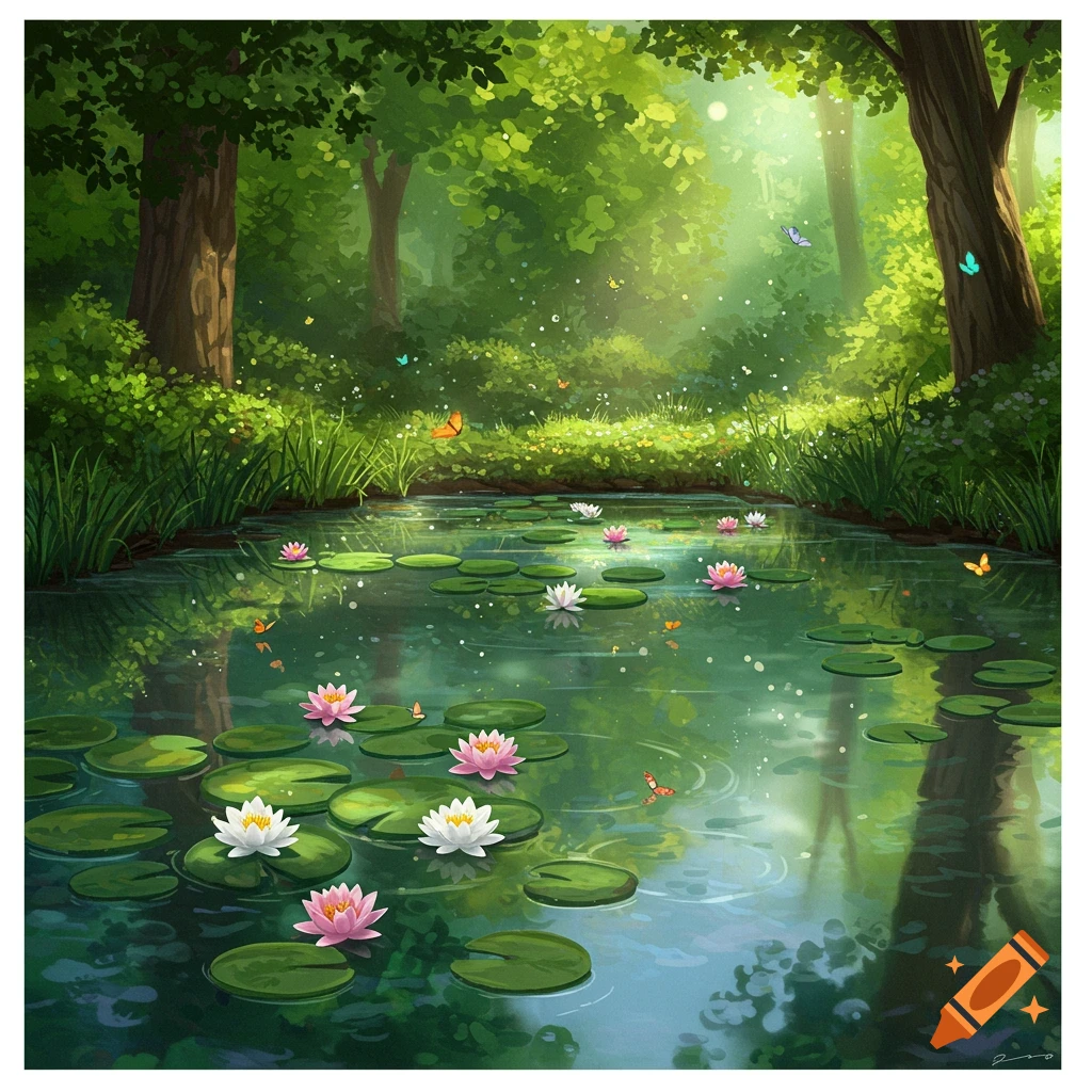A serene forest pond with pink and white water lilies, green lily pads, and colorful butterflies under soft, dappled light.
