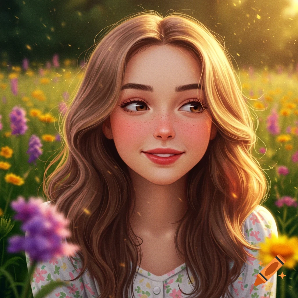 A smiling girl with long brown hair and freckles in a sunlit field of yellow and purple flowers, in a digital art style.
