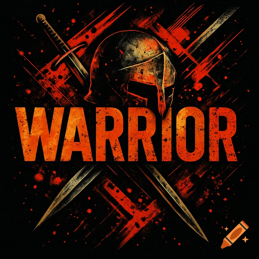 Grunge style graphic with a warrior helmet, crossed swords, and the word 'WARRIOR' in orange on a black and red background.