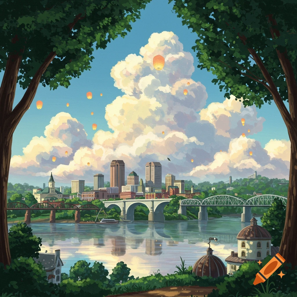 A picturesque Studio Ghibli-style illustration of the Chattanooga skyline over a river, framed by trees, with glowing lanterns and fluffy clouds.