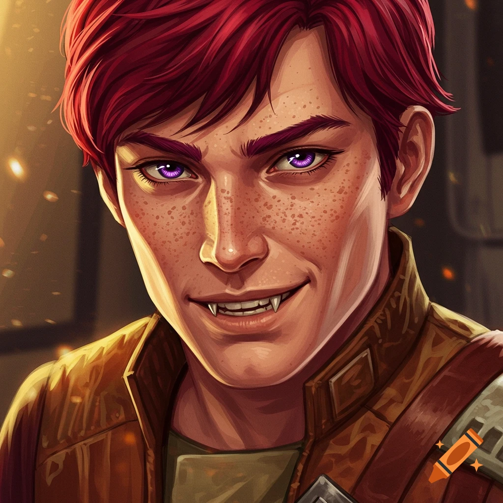 Close-up anime portrait of a young man with red hair, purple eyes, freckles, and vampire fangs, wearing a brown jacket.