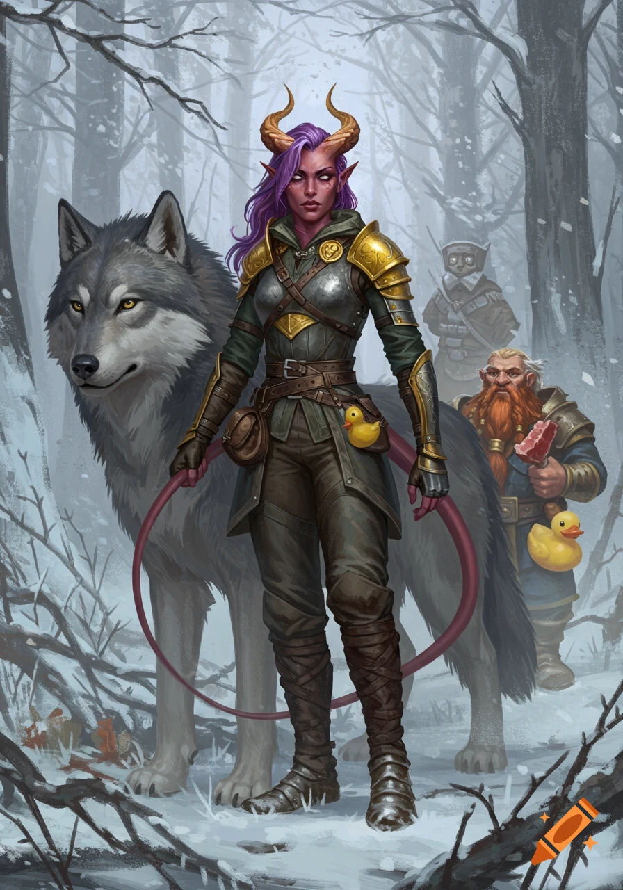A horned, purple-skinned tiefling ranger and a dire wolf stand in a snowy forest. A bearded dwarf holds a rubber duck.
