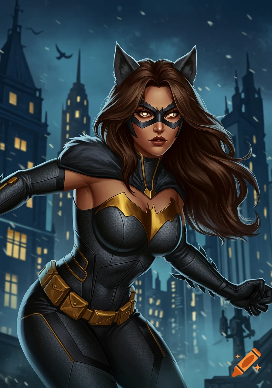 A brown-haired female superhero with wolf ears and a black and gold suit stands in a dark city, comic art style.