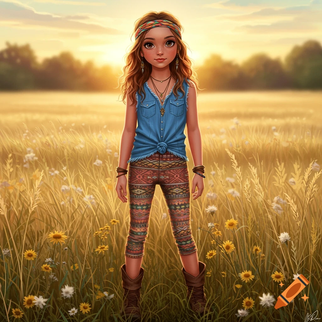 Stylized illustration of a girl in bohemian attire, with a headband and patterned leggings, standing in a sunny golden field.
