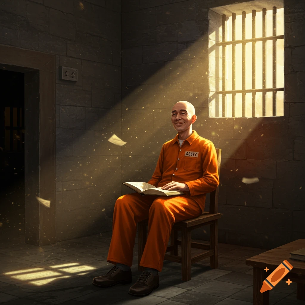 A bald prisoner in an orange jumpsuit smiles while reading a book on a chair in a dimly lit cell, with light streaming from a barred window.
