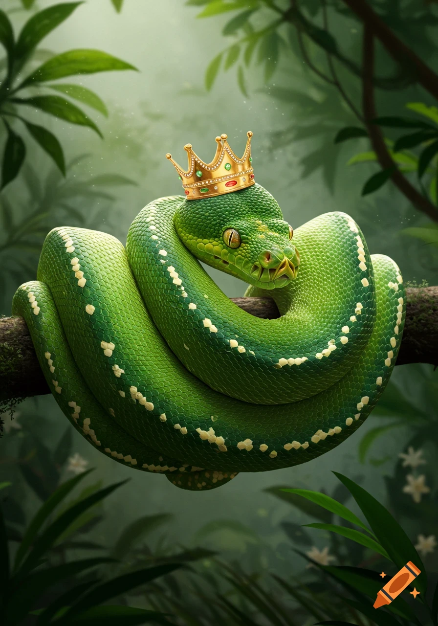 A vibrant green snake with a golden crown coiled on a tree branch in a lush jungle setting.