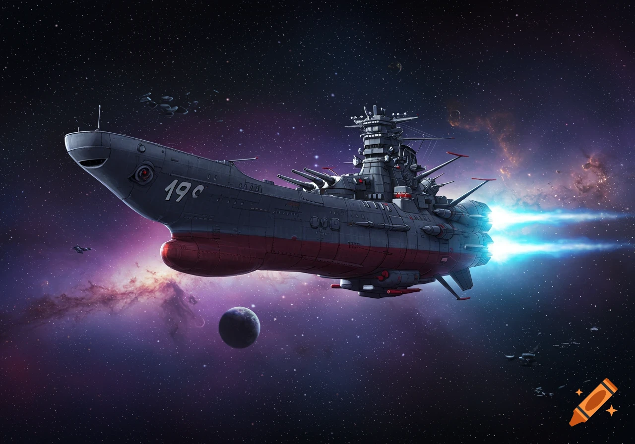 A detailed grey and red space battleship with glowing blue engines flies through a purple nebula filled with stars and a distant planet.