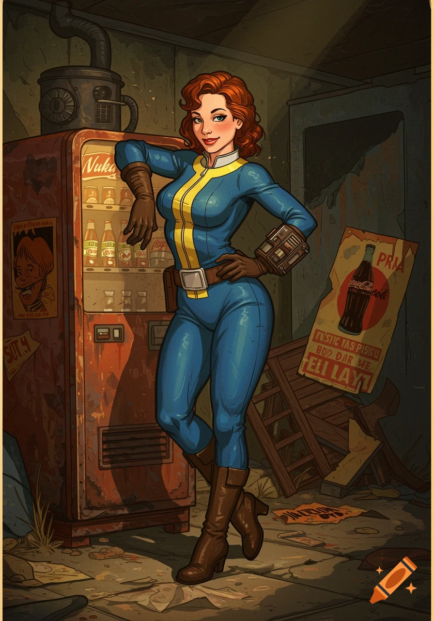 A retro-futuristic pin-up illustration of a red-haired woman in a blue and yellow Vault suit, leaning on a rusty vending machine.