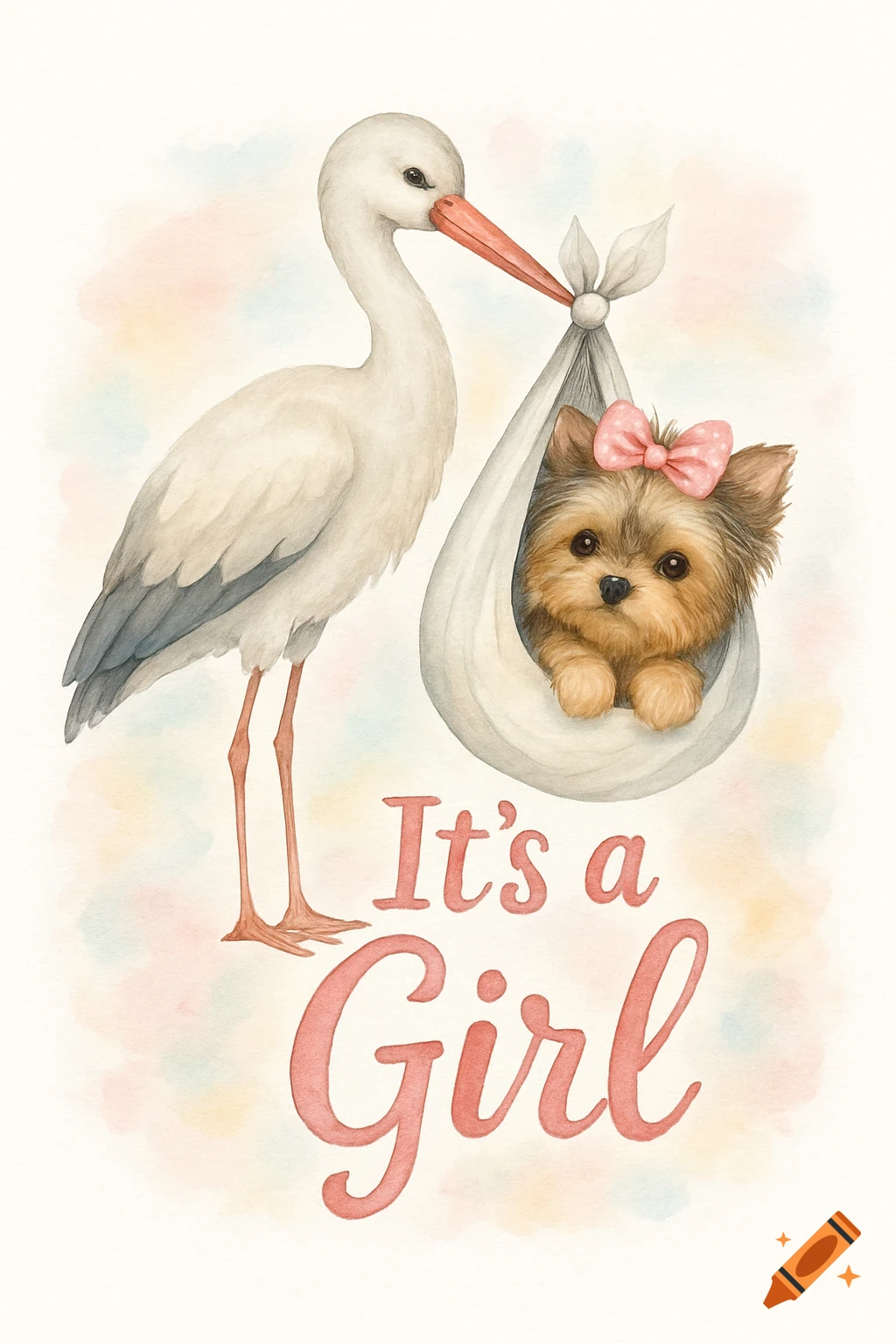 Watercolor illustration of a stork carrying a baby Yorkshire Terrier in a bundle, with "It's a Girl" written below.