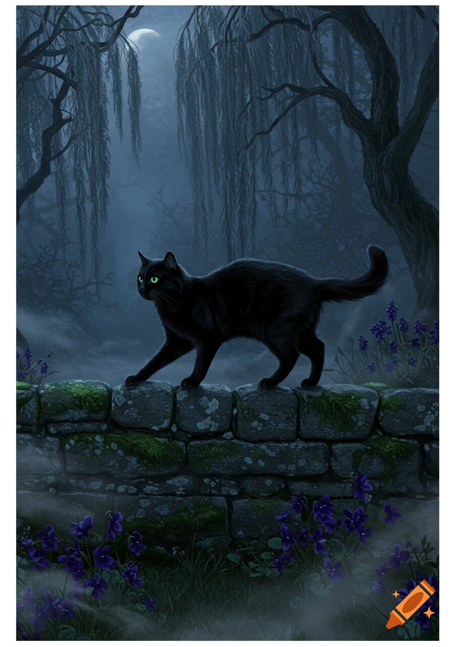 A black cat with glowing green eyes walks along a mossy stone wall in a moonlit, misty forest with willow trees and purple flowers.