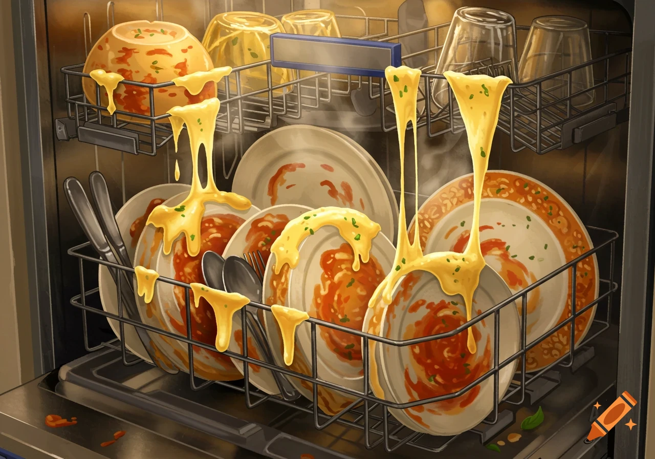A dishwasher filled with dirty dishes, covered in gooey melted yellow cheese.