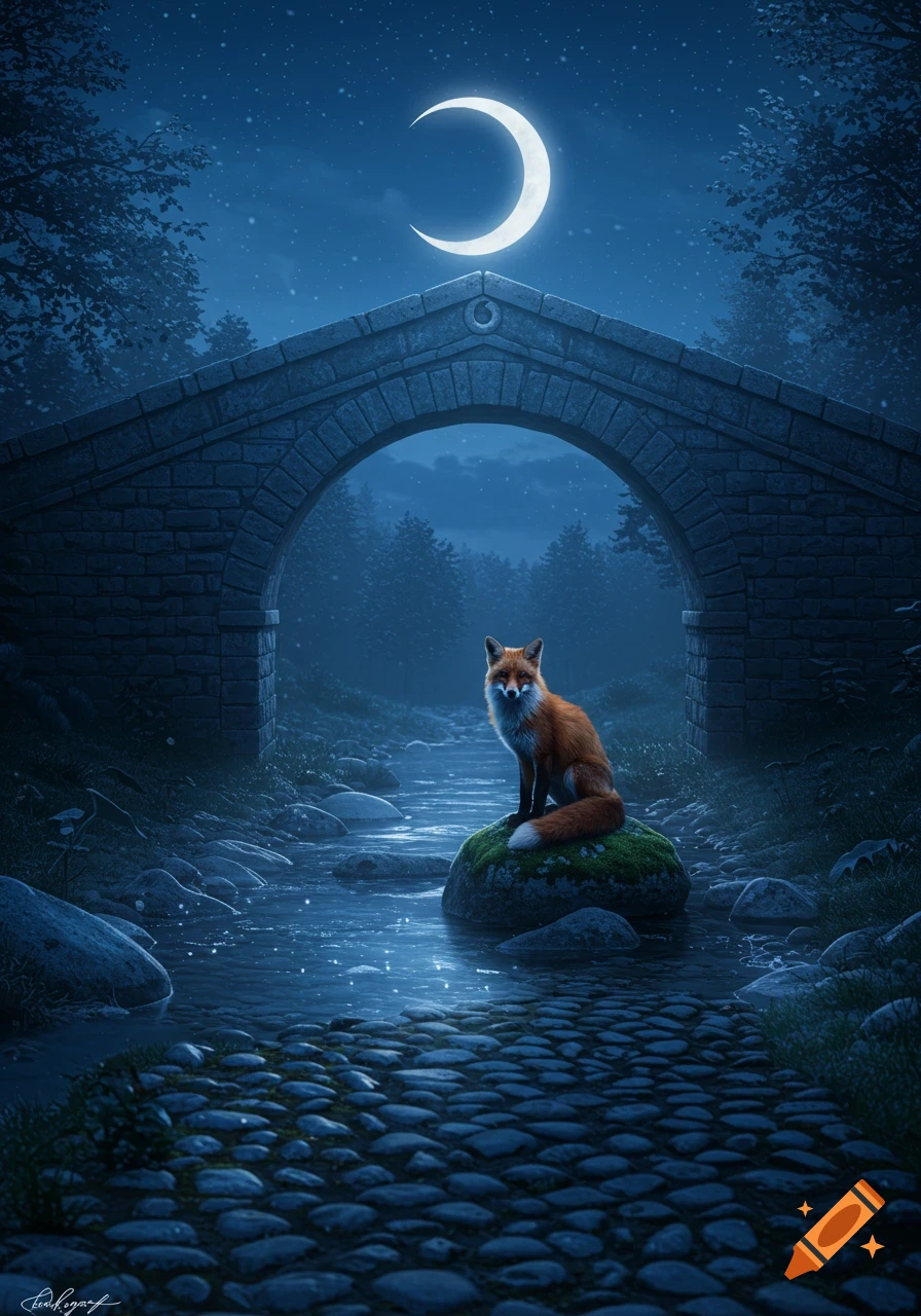 A red fox sits on a mossy rock in a moonlit stream under a stone bridge with a crescent moon in the night sky.