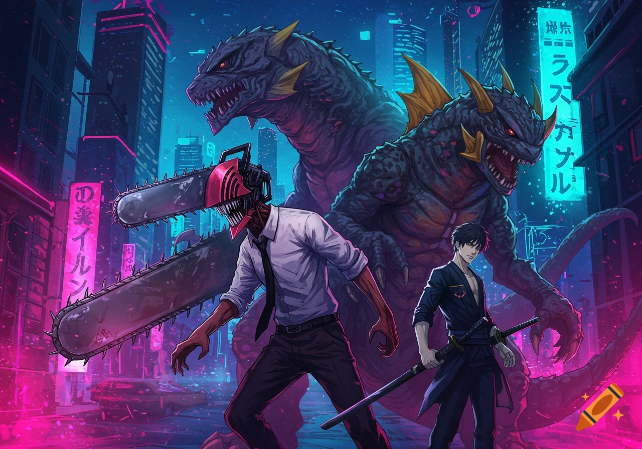 Chainsaw Man, Killer Seven, and two kaiju monsters stand in a neon-lit cityscape in anime style.
