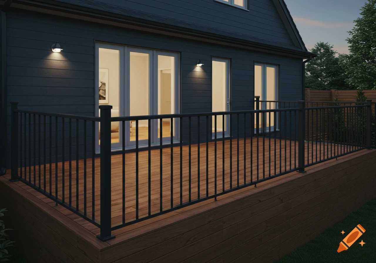 Photorealistic image of a dark grey-blue house with a wooden deck and black railing at dusk, illuminated by wall lights.