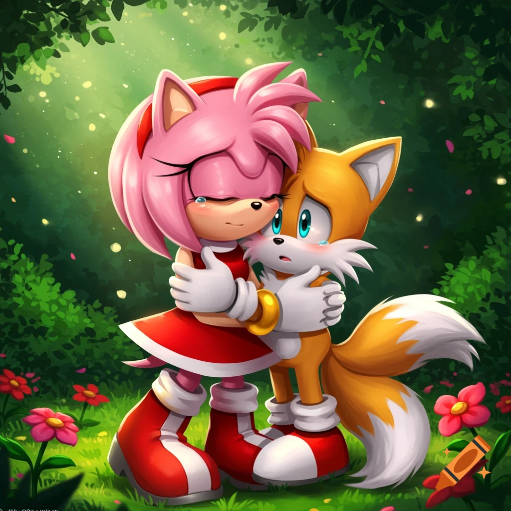 Amy Rose hugs a crying Tails in a lush, green forest with pink flowers, in a cartoon style.