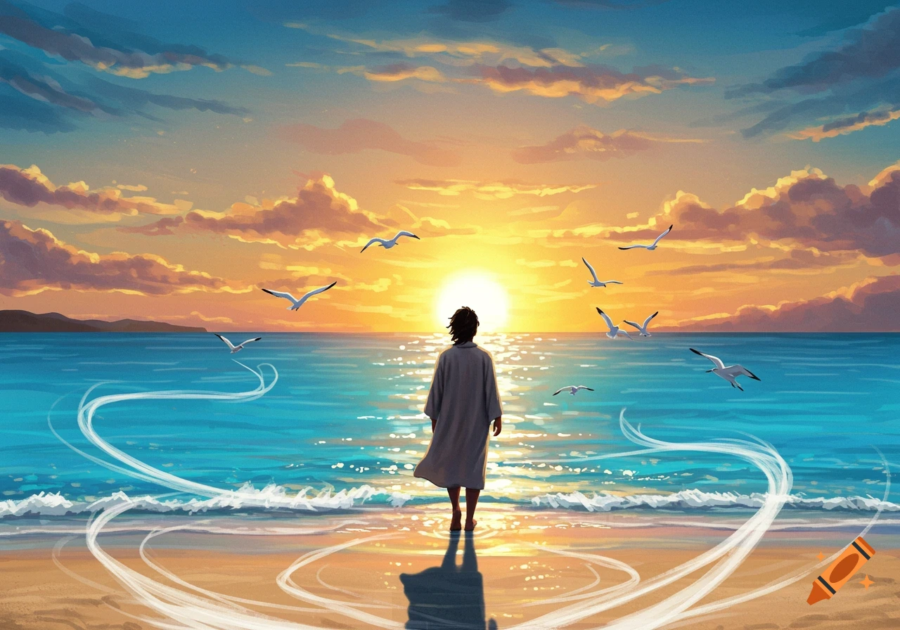 Digital painting of a lone person in a robe standing on a beach, facing a vibrant sunset over the ocean with seagulls flying.