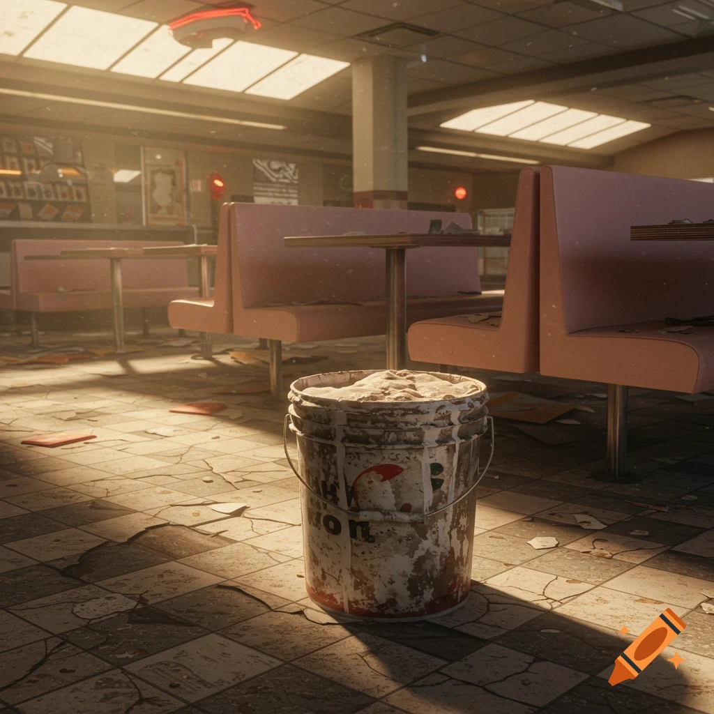 A realistic photograph of a paint bucket filled with oatmeal on a cracked tiled floor in an abandoned 1990s mall food court.