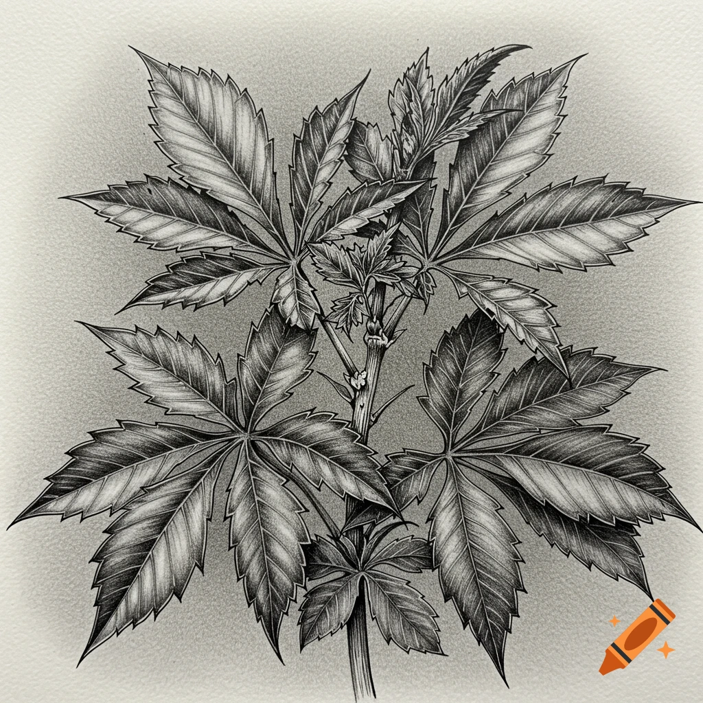 Detailed black and white botanical drawing of a plant with many serrated leaves.