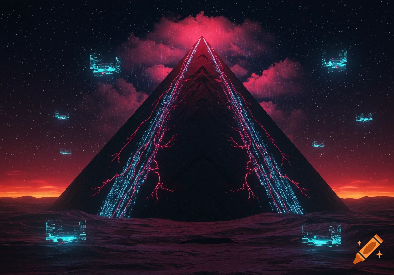 A dark, futuristic pyramid glowing with red and blue neon lights on a desolate red landscape under a starry sky with floating cybernetic structures.