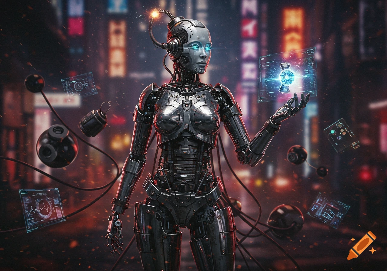 A photorealistic female bomb robot stands in a neon-lit futuristic city, holding a glowing holographic display.