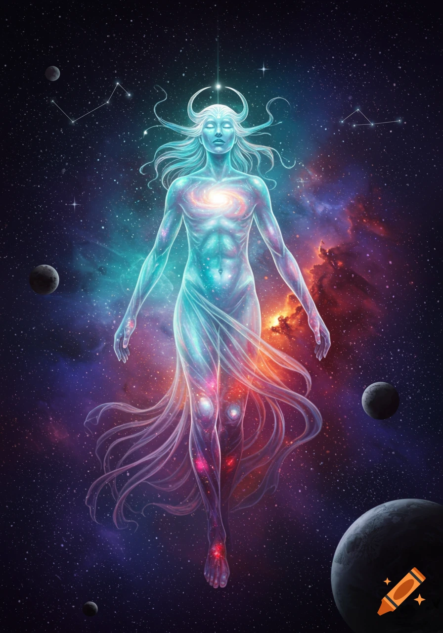 A glowing, ethereal human-like figure with horns floats in a vast cosmic space filled with stars, planets, and colorful nebulae.