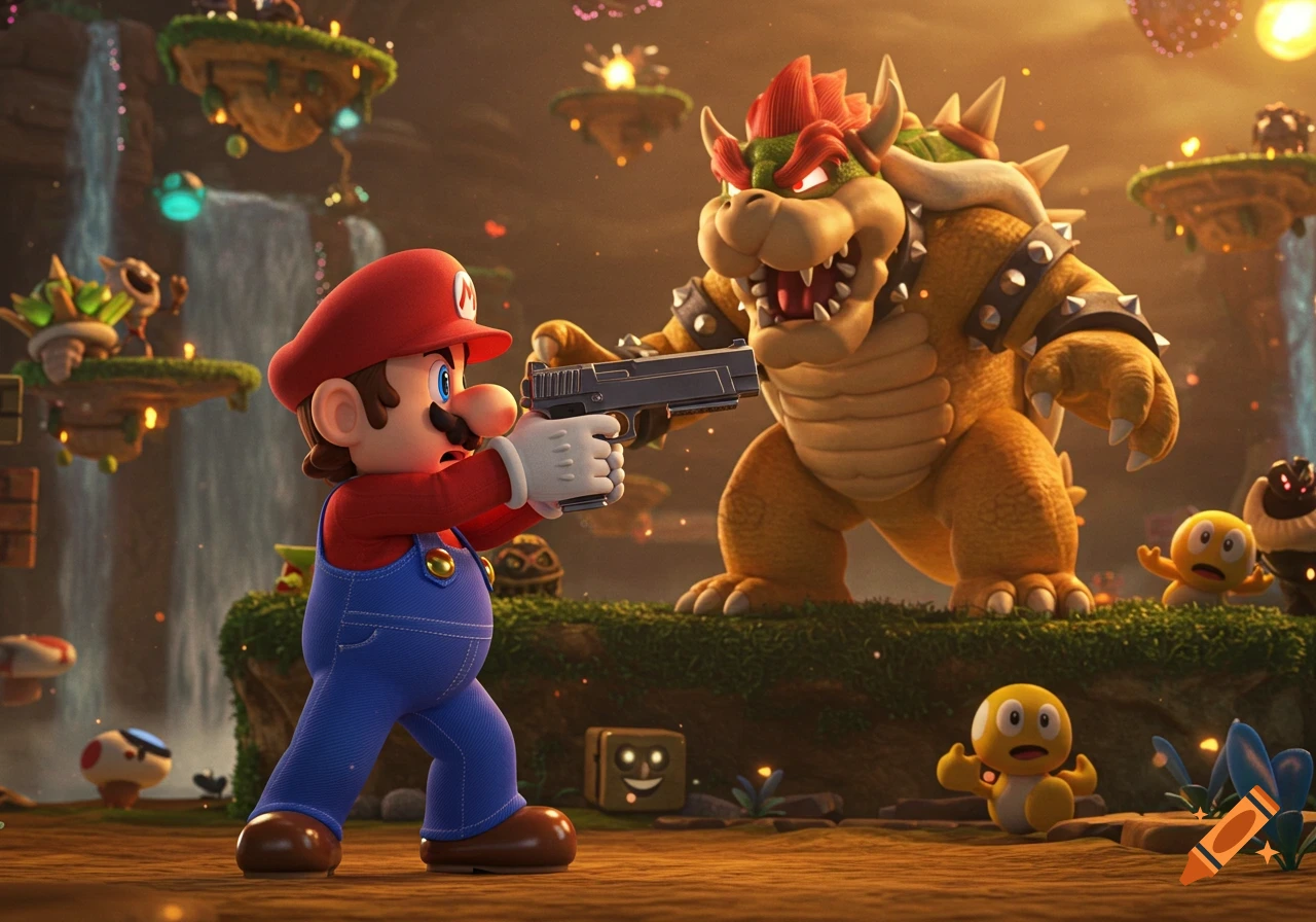 Cartoonish 3D rendered image of Mario pointing a realistic pistol at a surprised Bowser in a colorful, fantastical video game world.