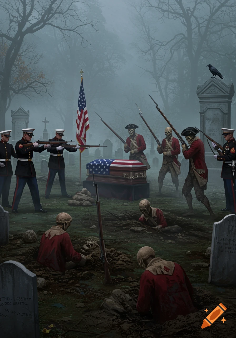 A foggy graveyard scene where modern US Marines perform a rifle salute over a flag-draped coffin, facing skeletal British Redcoats rising from graves, in a dark fantasy art style.