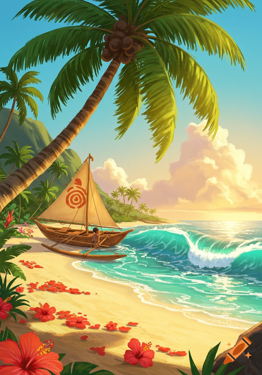 A vibrant animation-style illustration of a tropical beach at sunset, with a person in a small boat by the shore, and red hibiscus flowers scattered on the sand.