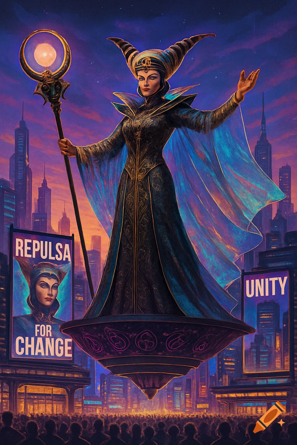 A grand sorceress resembling Rita Repulsa floats above a crowd in a futuristic city, with campaign signs.