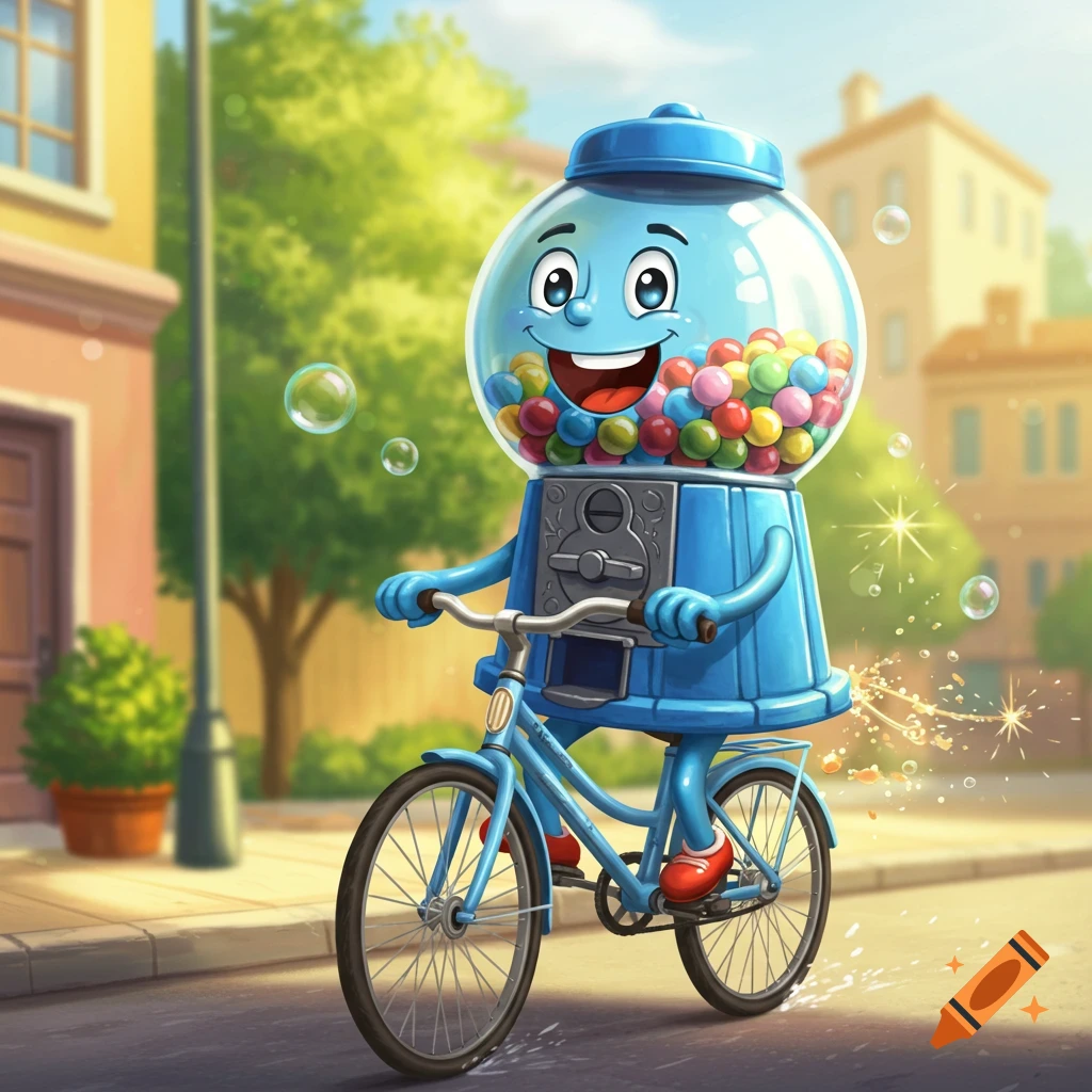 A cheerful blue gumball machine character riding a bicycle on a sunny street, cartoon style.