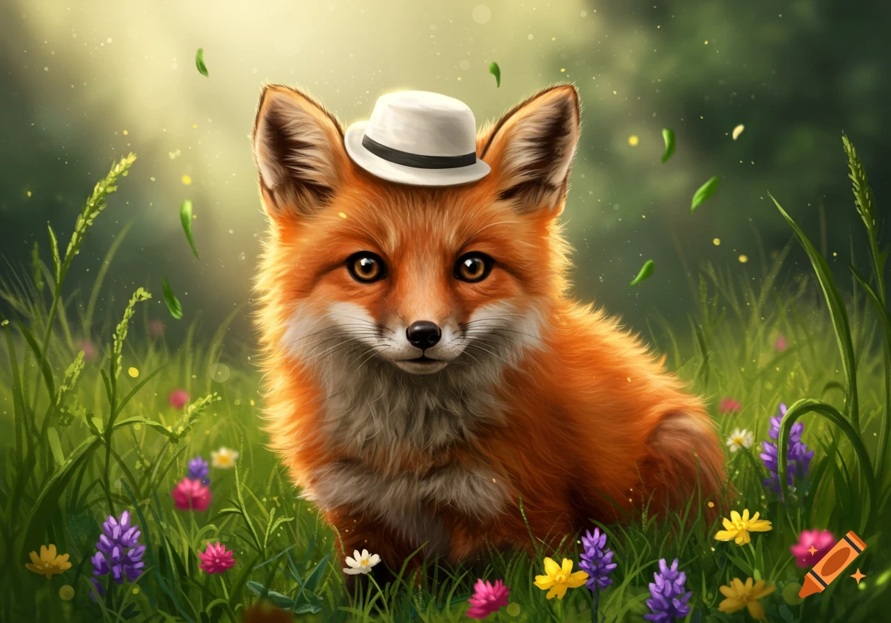 A cute red fox wearing a white fedora sits in a vibrant field of colorful flowers with glowing particles.