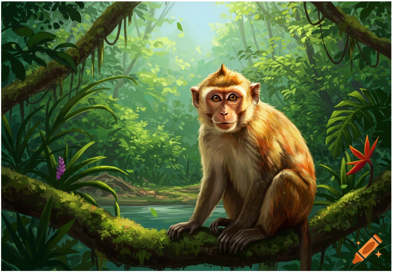 A light brown monkey with orange eyes sits on a mossy branch in a vibrant green jungle, with a blue river visible below.