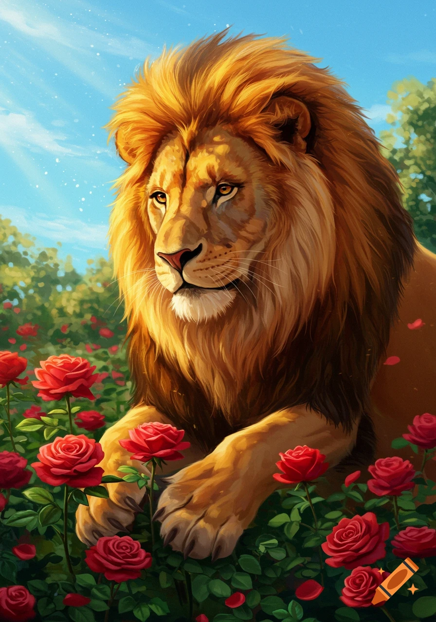 A majestic lion with a golden mane rests among vibrant red roses under a blue sky, in an illustrative style.