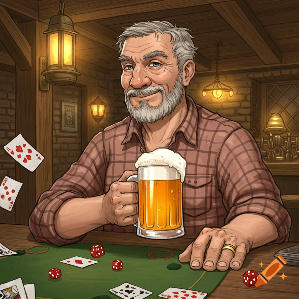 A smiling old man with a grey beard in a plaid shirt holds a foamy mug of beer while sitting at a green table with playing cards and red dice, in a dimly lit, rustic tavern.