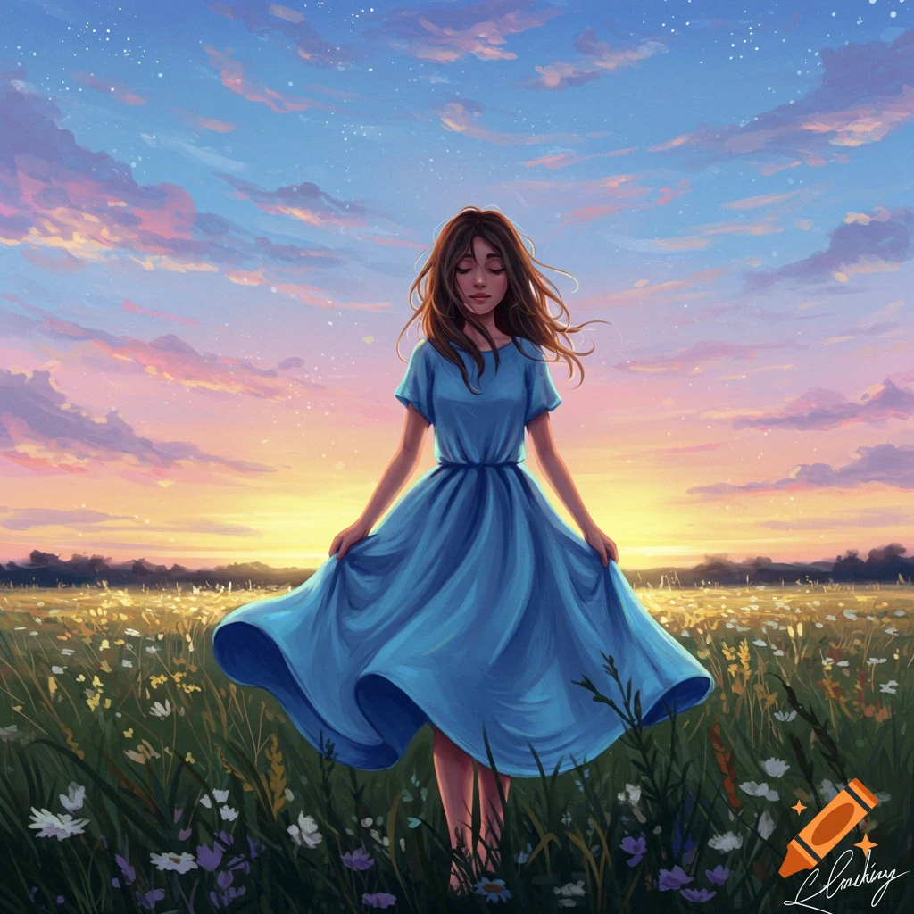 A painterly illustration of a girl in a blue dress standing in a field of wildflowers at sunset.