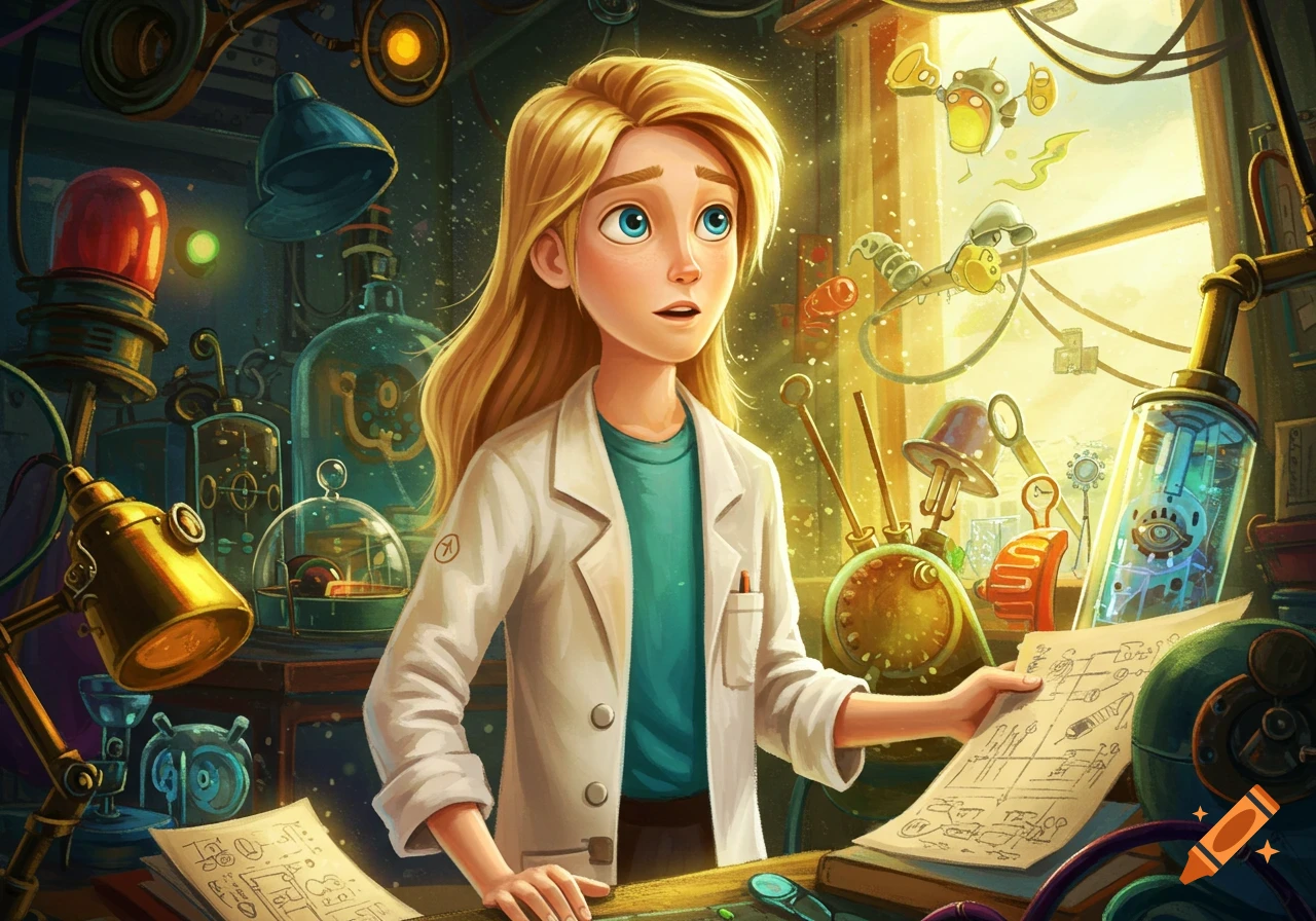 A young blonde scientist in a lab coat holds schematics in a cluttered, fantastical science lab.