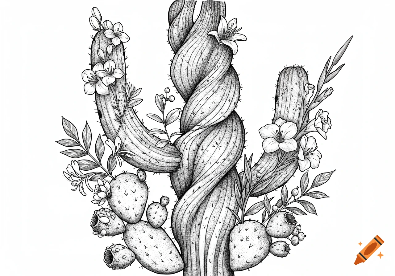 Black and white botanical illustration of a saguaro and prickly pear cactus intertwined with lilies, honeysuckle, gladiolus, and holly.