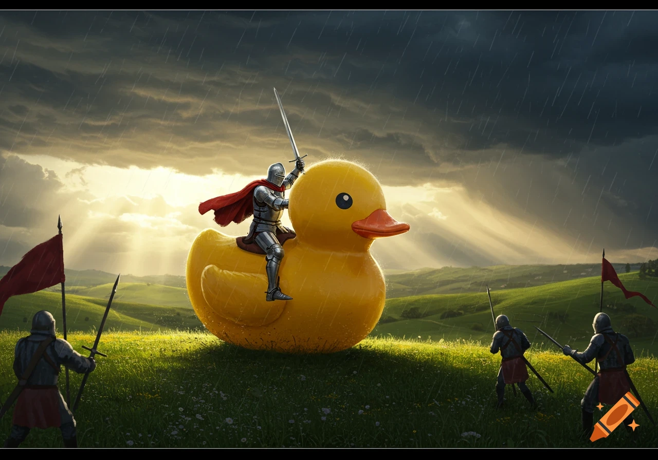 A knight in shining armor rides a giant yellow rubber duck into battle against other knights in a rainy, sunlit field.