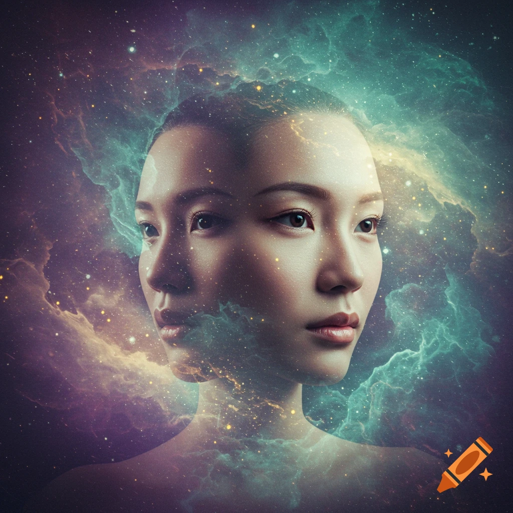 A woman's face with a faint, superimposed face behind it, set against a vibrant cosmic nebula with stars.