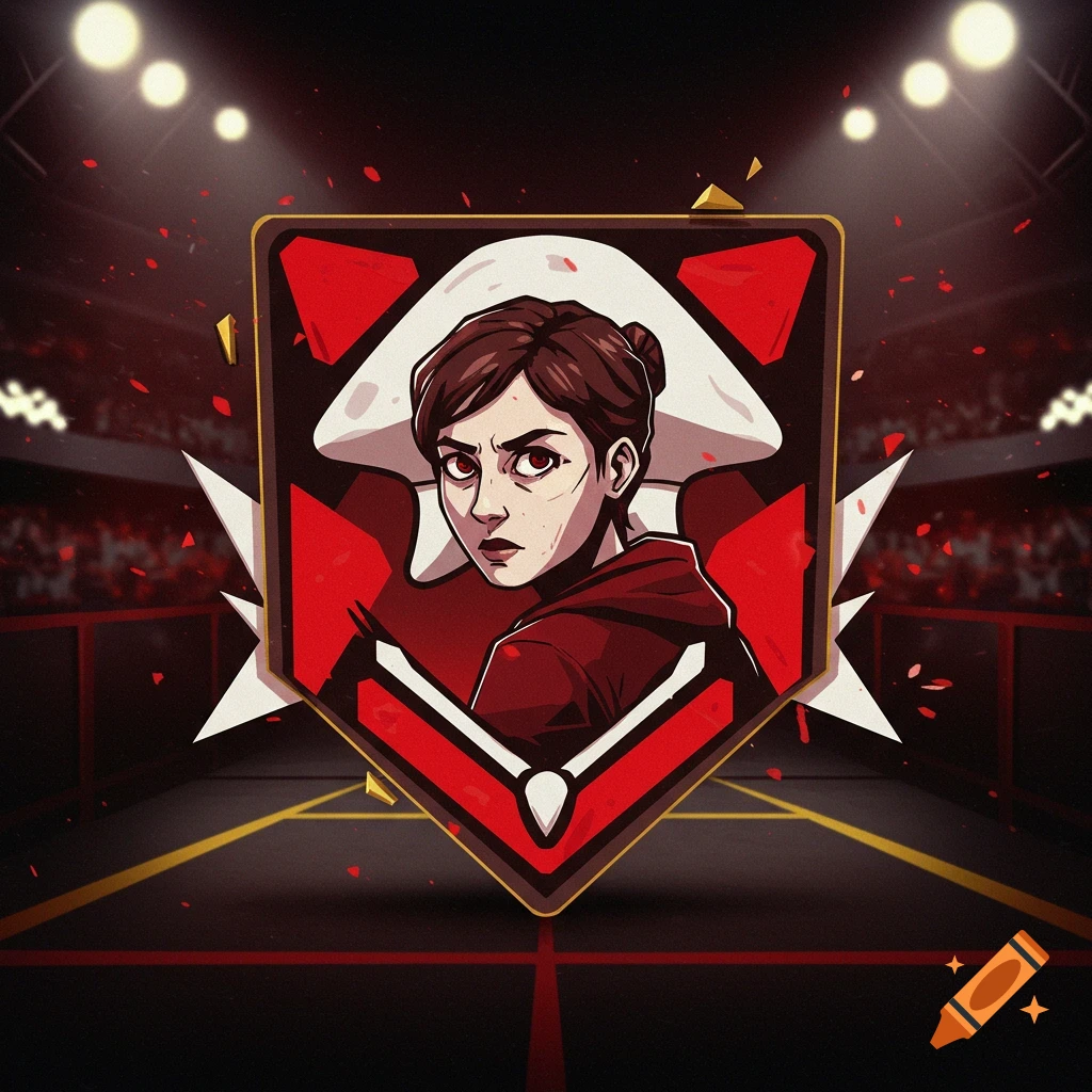 Stylized illustration of a fierce-looking woman on a red and white badge, set against a dark sports arena background.