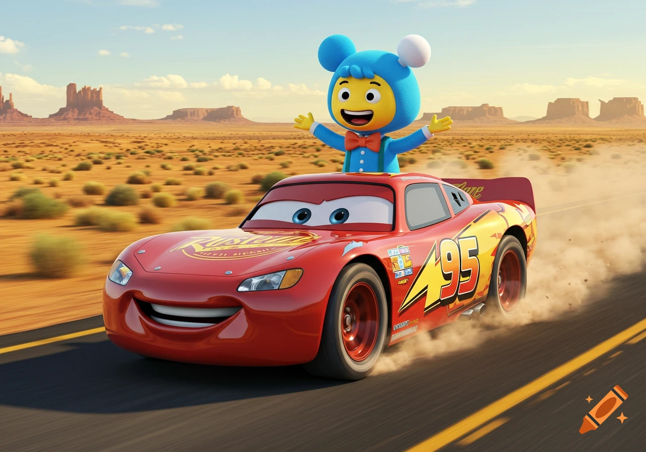 A blue cartoon character similar to Blippi stands on a red race car resembling Lightning McQueen, driving in a desert.