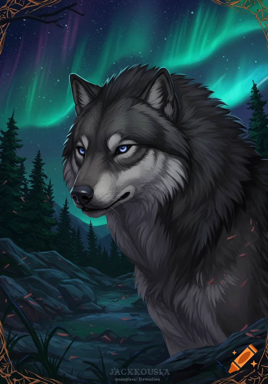 A gray wolf with piercing blue eyes stands in a dark forest under a vibrant green and purple aurora borealis. Digital art style.