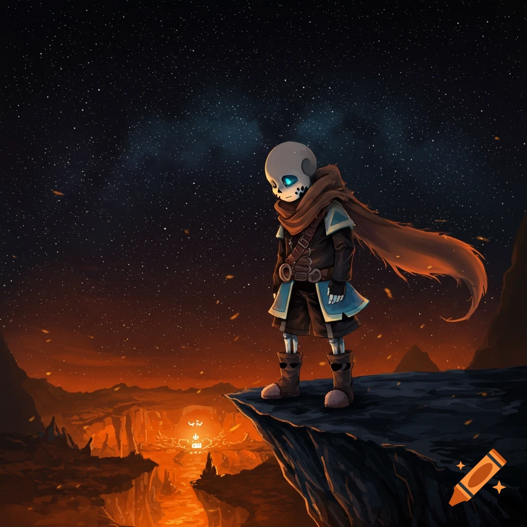 Ink Sans, a skeletal character, stands on a cliff overlooking a fiery, star-lit landscape with a glowing structure in the distance, in an anime art style.