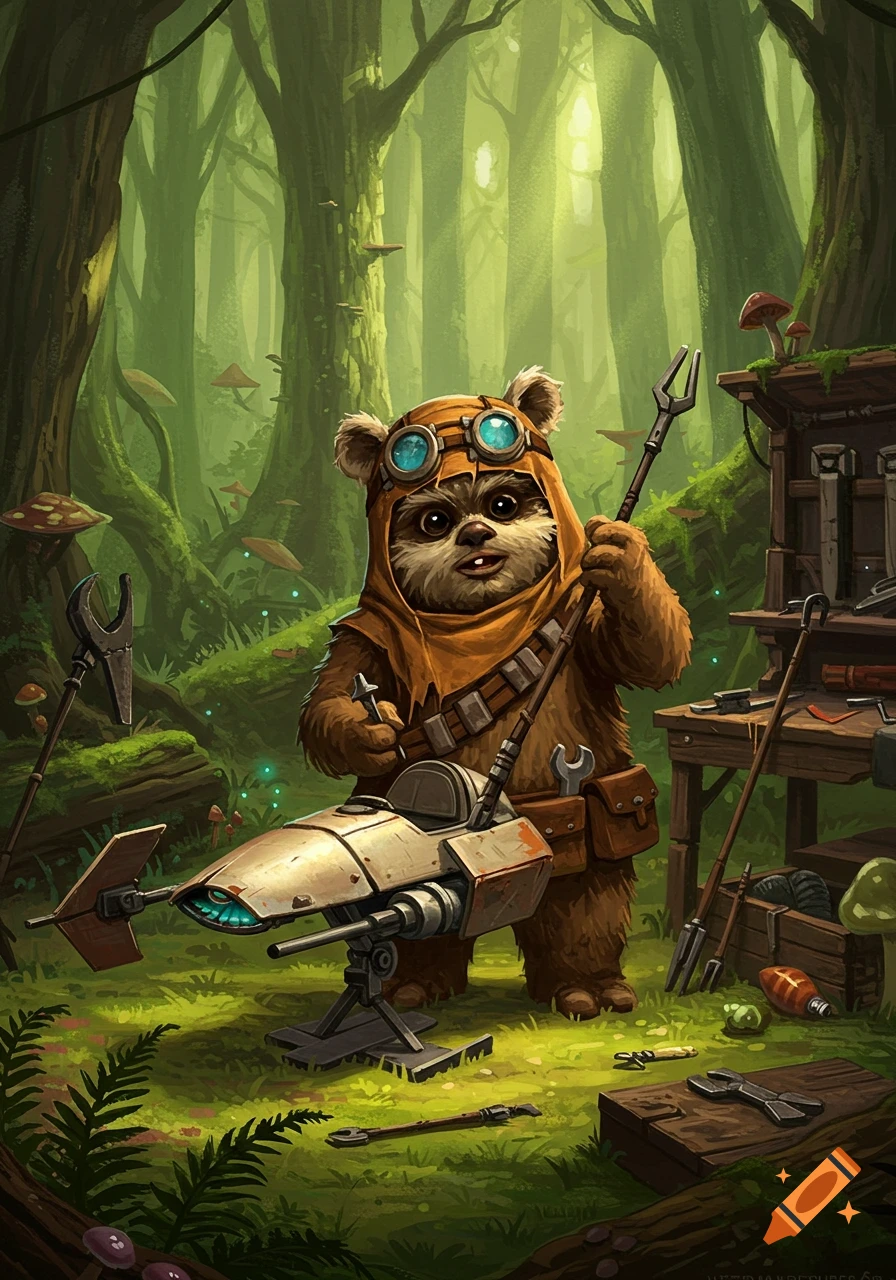 An Ewok mechanic wearing goggles and an orange hood, holding tools next to a speeder bike in a lush green forest.