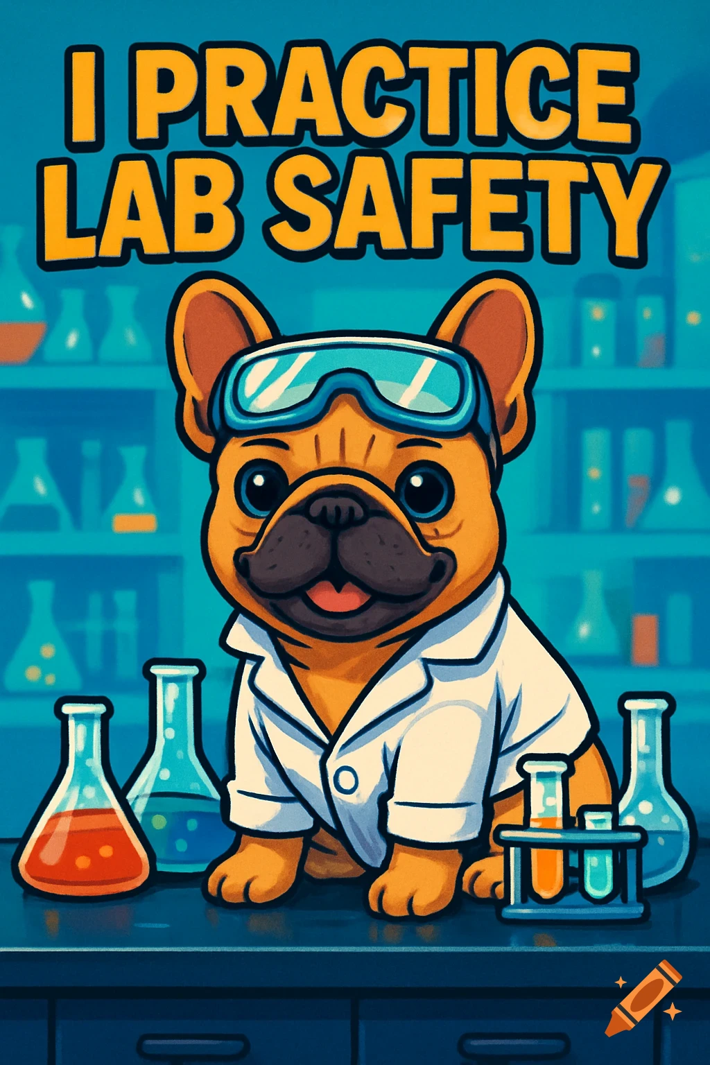 Cartoon tan French bulldog in lab coat and goggles with text 'I PRACTICE LAB SAFETY' at a lab bench with beakers.