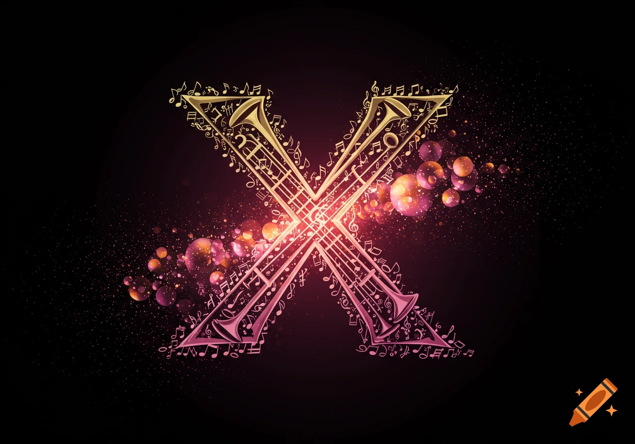 A stylized letter X made of golden and pink musical notes and instruments, glowing against a dark background with sparkling light and bubbles.